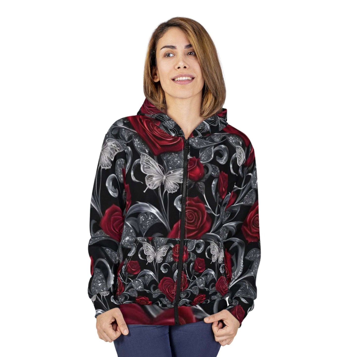 Rose & Butterfly Zip Hoodie — Gothic Floral All-Over Print
