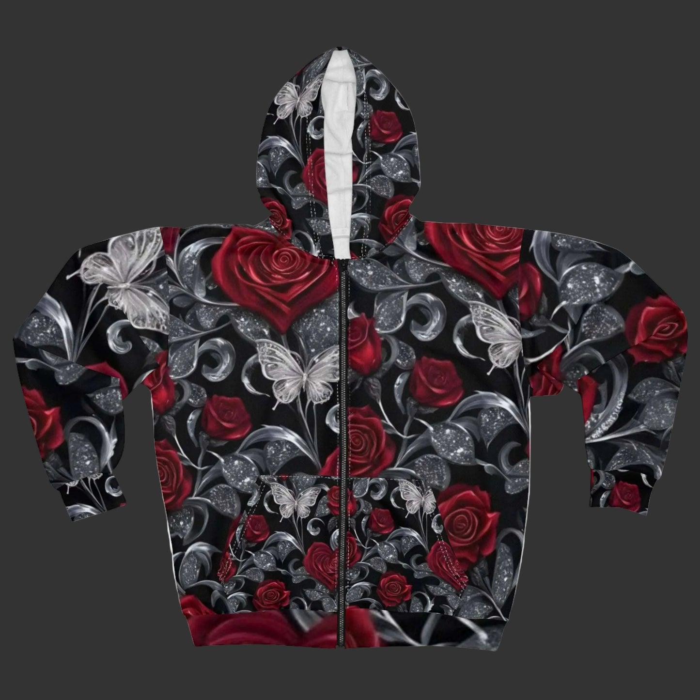 Rose & Butterfly Zip Hoodie — Gothic Floral All-Over Print