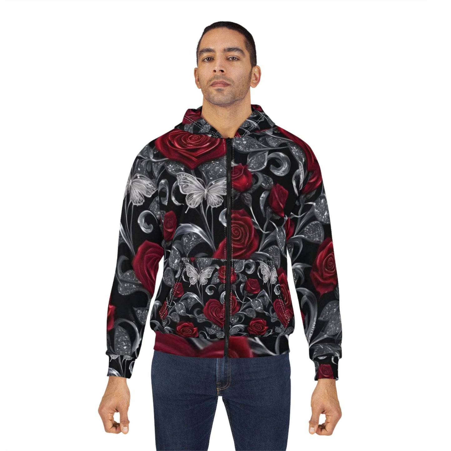 Rose & Butterfly Zip Hoodie — Gothic Floral All-Over Print