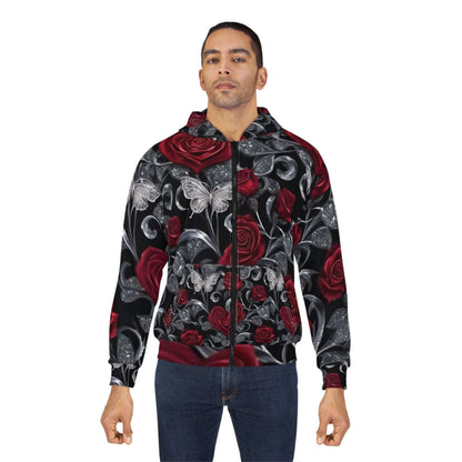Rose & Butterfly Zip Hoodie — Gothic Floral All-Over Print
