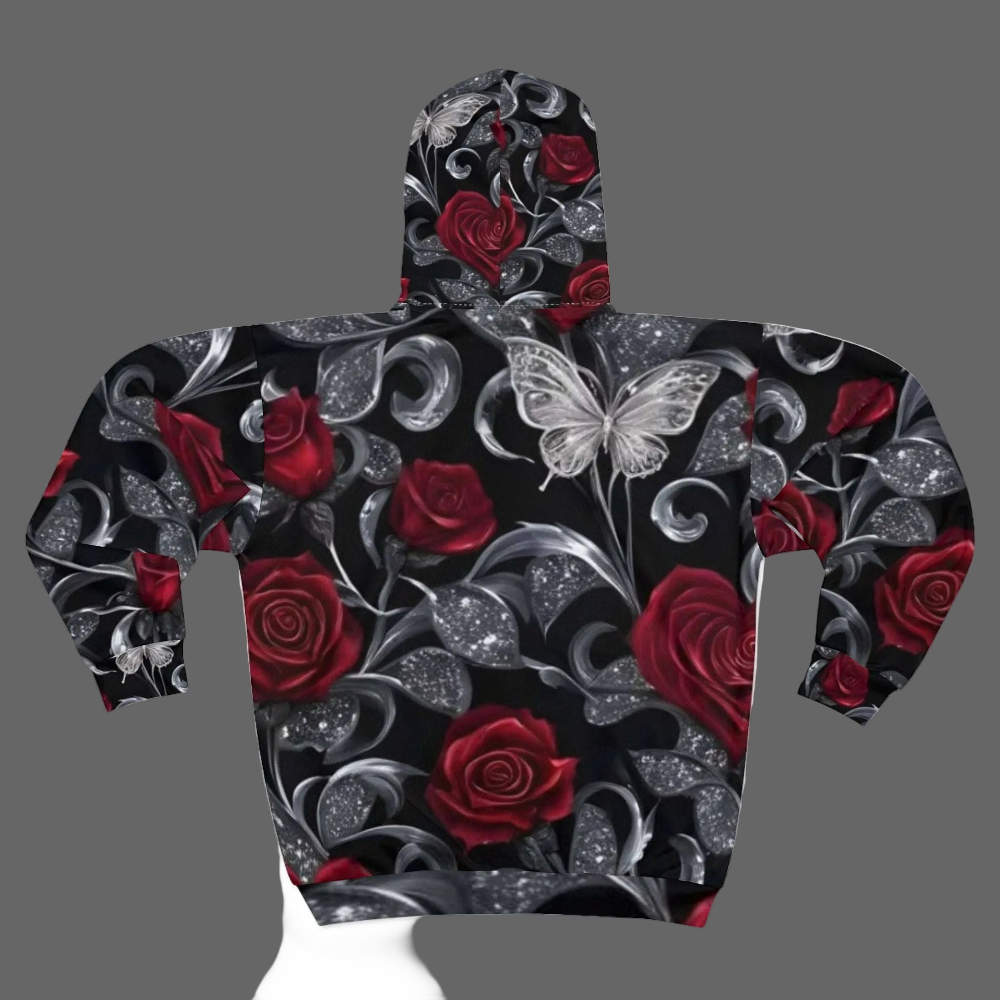 Rose & Butterfly Zip Hoodie — Gothic Floral All-Over Print
