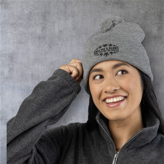 Pom-Pom Knit Cap — "Roll Me a Blunt and Tell Me I’m Pretty" Embroidered Beanie