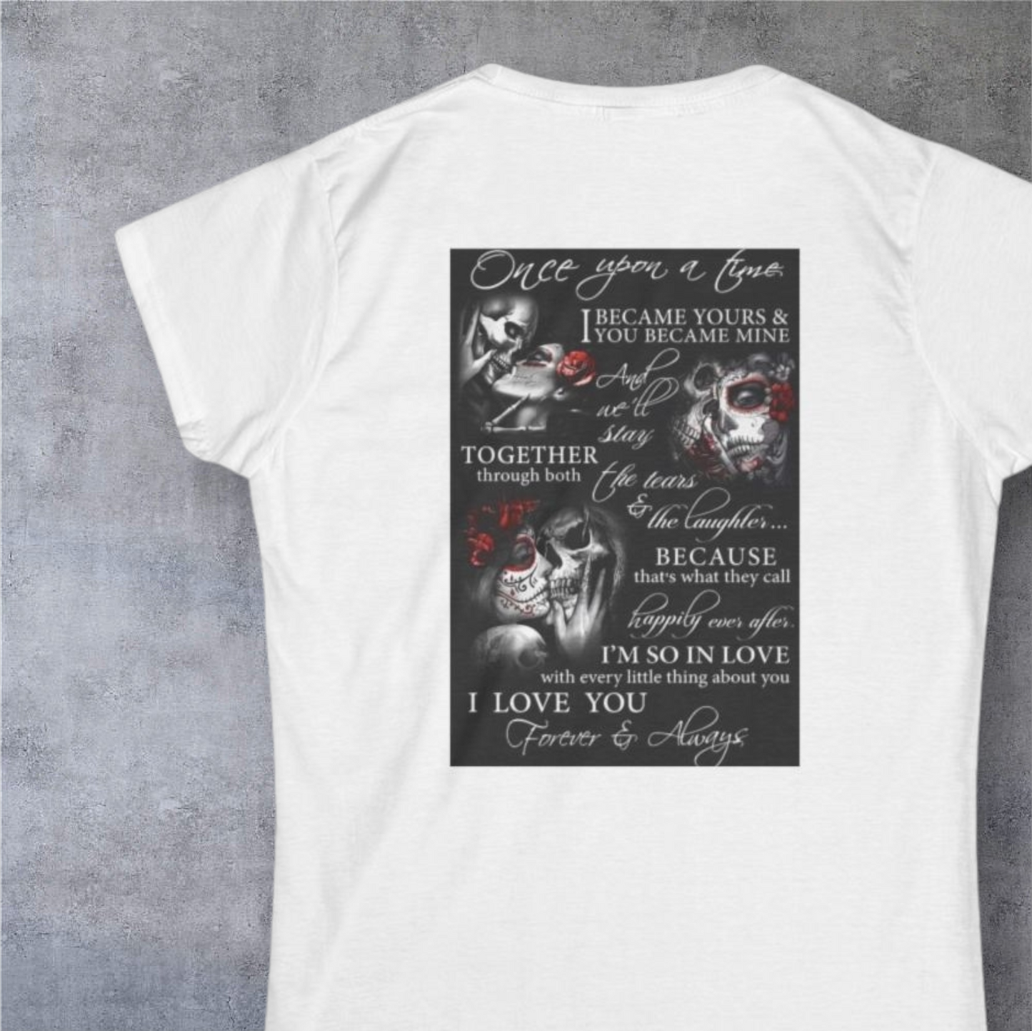 Gothic Red Rose Women's Tee — Romantic Skull Love Poem Back Print