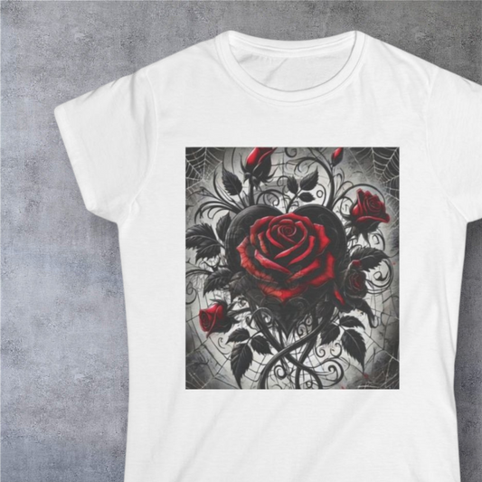 Gothic Red Rose Women's Tee — Romantic Skull Love Poem Back Print