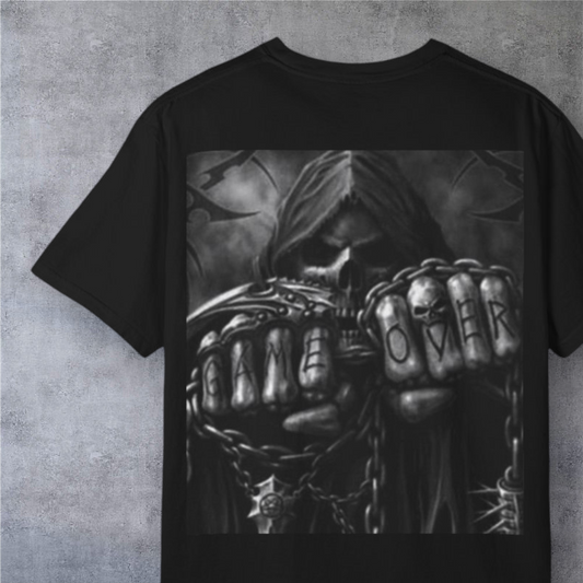 Grim Reaper Graphic T-Shirt — Hooded Skull “Shh” & Knuckle Skull Back Print
