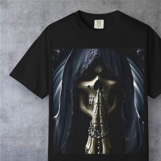 Grim Reaper Graphic T-Shirt — Hooded Skull “Shh” & Knuckle Skull Back Print