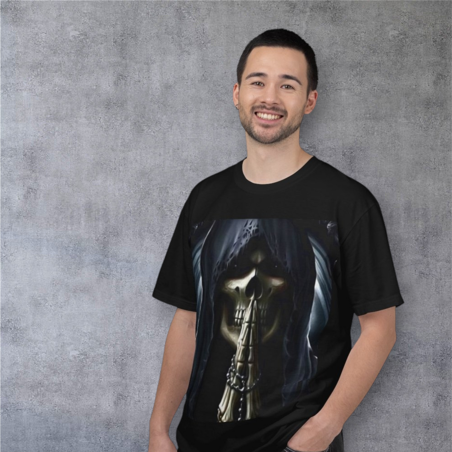 Grim Reaper Graphic T-Shirt — Hooded Skull “Shh” & Knuckle Skull Back Print
