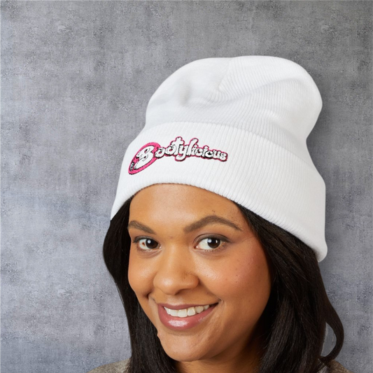 Embroidered 'Boojtious' Cuffed Beanie — Cute Pink Logo Winter Hat
