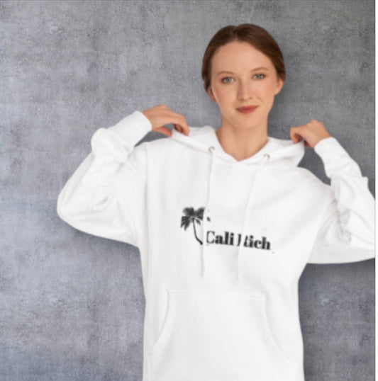 Cali Rich Hoodie White Unisex Sweatshirt with Hustle Now Shine Later Graphic, California Urban Streetwear Jumper, Beach Vibes Pullover, West