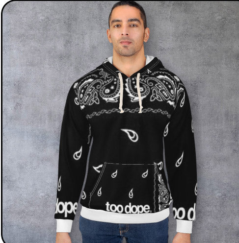 Too Dope Black Bandana Hoodie — All-Over Print Pullover