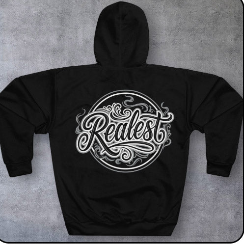 Realest Script Hoodie — Graphic Pullover with Swirl Lettering