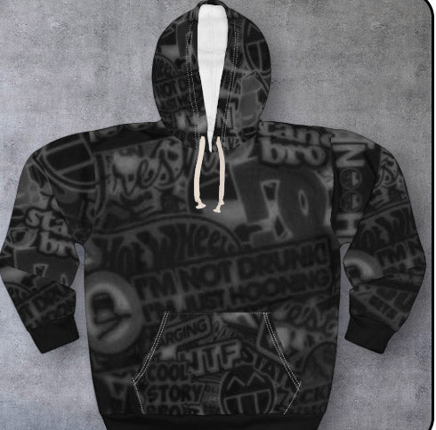 Graffiti Sticker-Pattern Hoodie — Black Streetwear Pullover