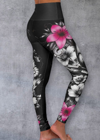 High-Waist Floral Yoga Leggings — Black & Pink Blossoms