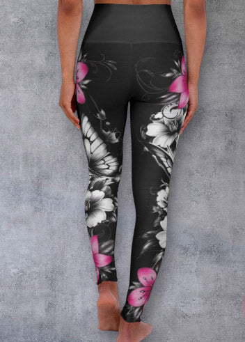 High-Waist Floral Yoga Leggings — Black & Pink Blossoms