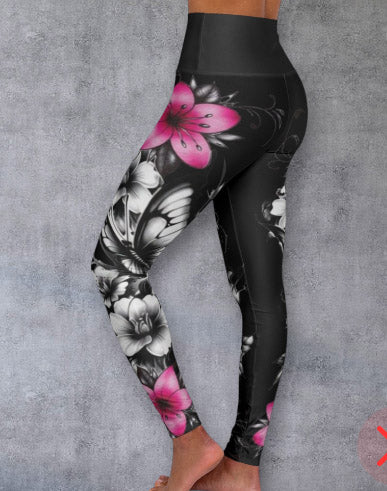 High-Waist Floral Yoga Leggings — Black & Pink Blossoms