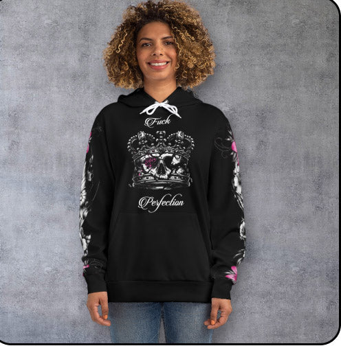 Gothic Crown Hoodie — "Angels Protect Me, Demons Respect Me" Floral Sleeve Design