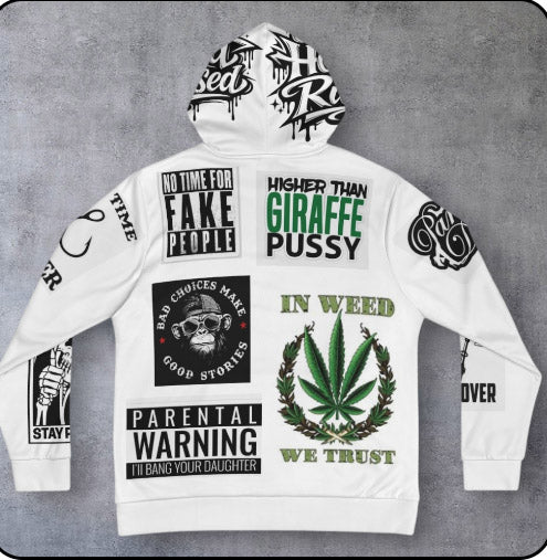 Graphic Hoodie — All-Over-Print Streetwear with Stoner & Cali Patch Designs