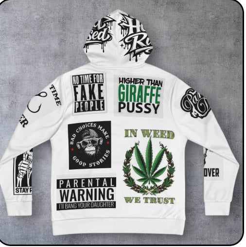 Graphic Hoodie — All-Over-Print Streetwear with Stoner & Cali Patch Designs