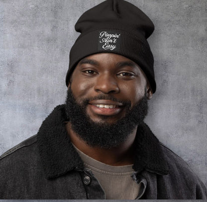 Embroidered "Pimpin' Ain't Easy" Knit Beanie — Cozy Streetwear Pomless Cap
