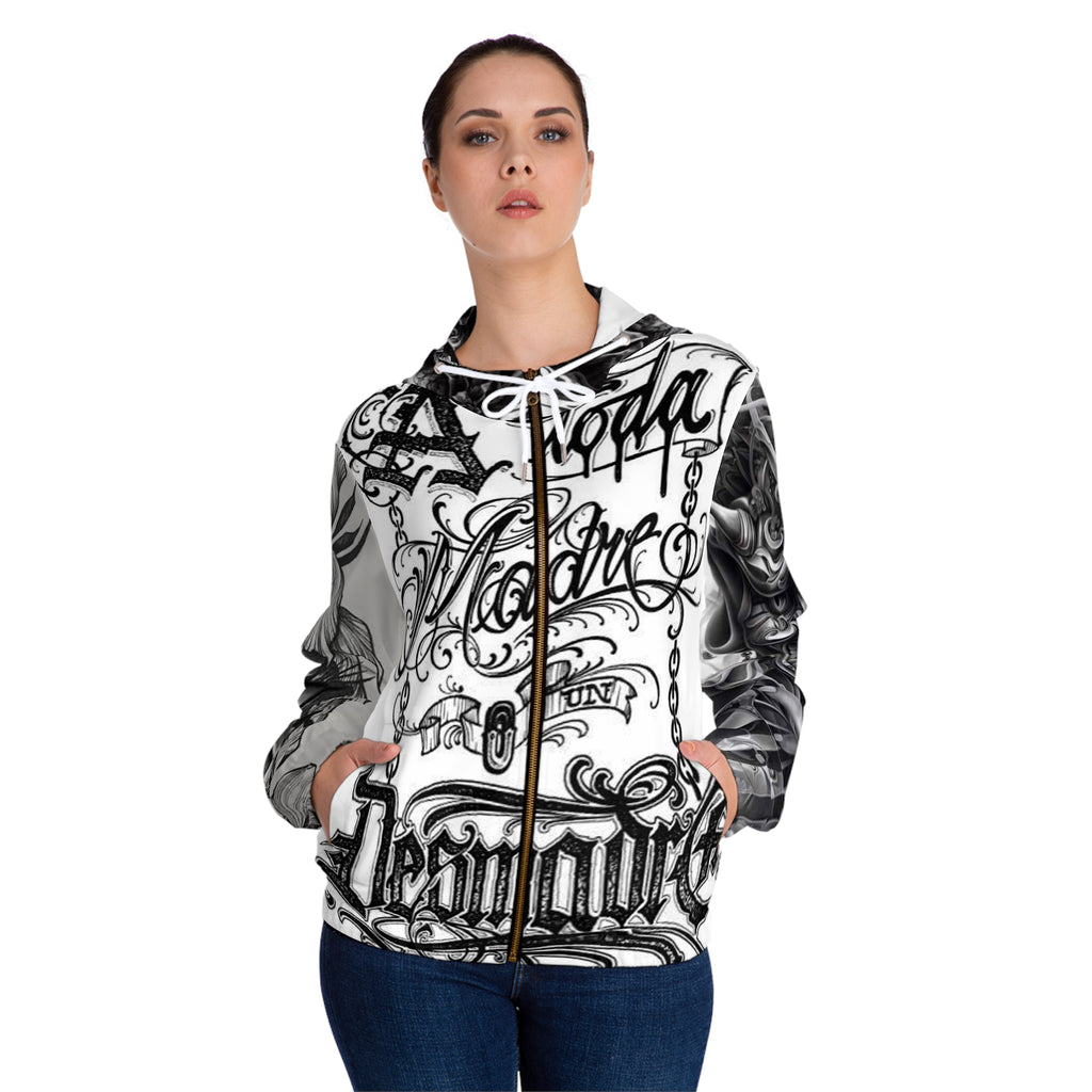 Graphic Zip Hoodie — Chicano Chola Art Tattoo-Inspired Women’s Full-Zip Hoodie