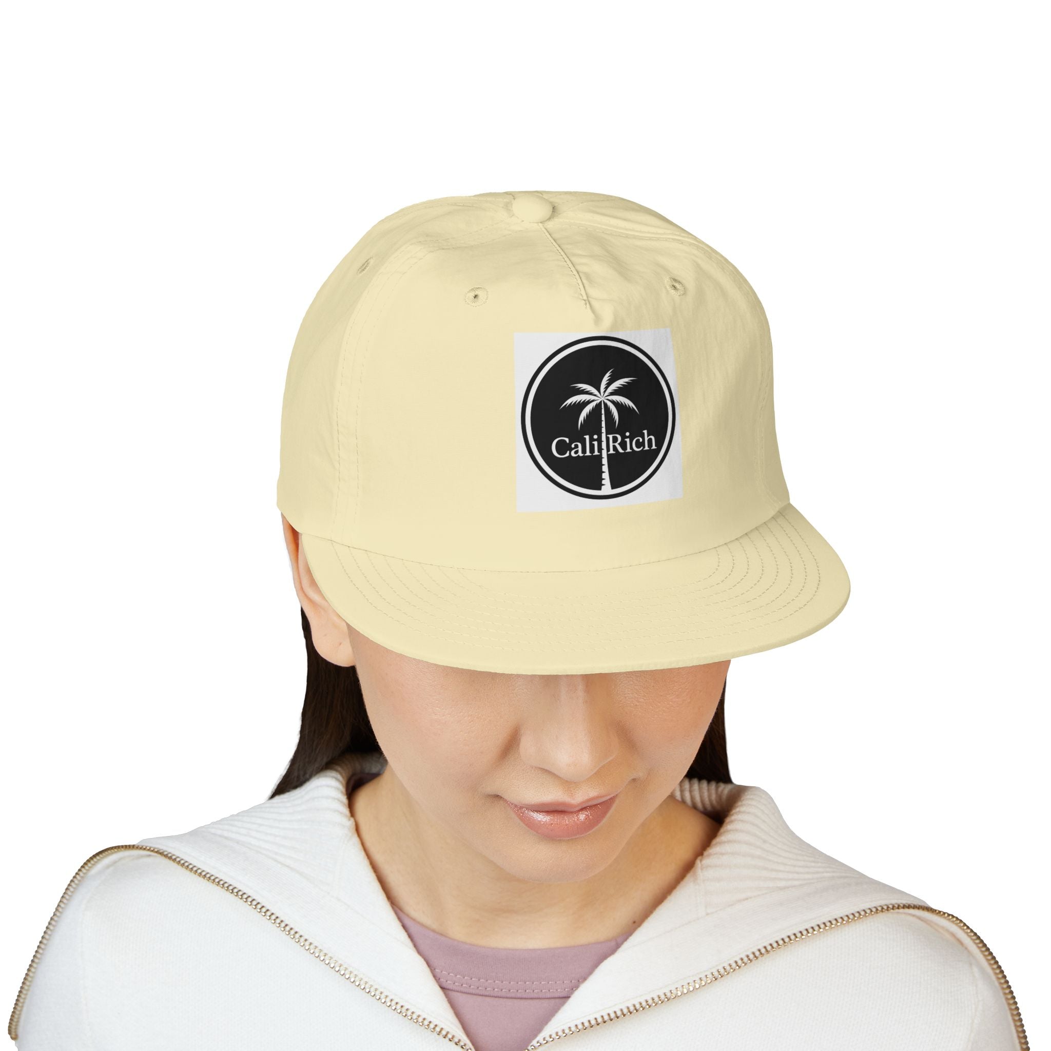 CaliRich Palm Logo Surf Cap — White Snapback Beach Hat