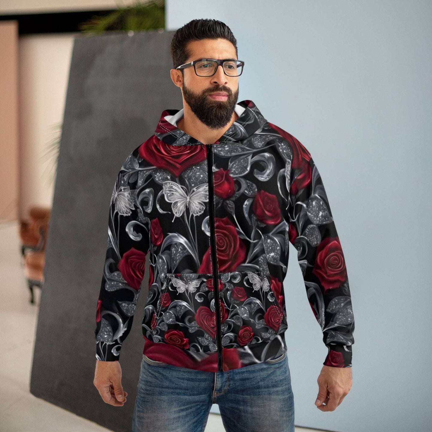 Rose & Butterfly Zip Hoodie — Gothic Floral All-Over Print