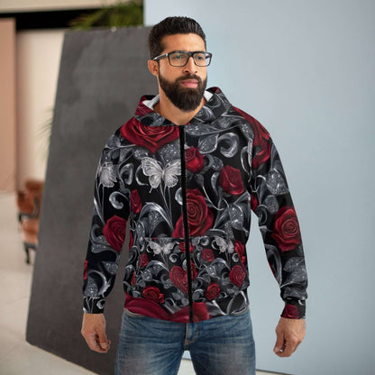 Rose & Butterfly Zip Hoodie — Gothic Floral All-Over Print