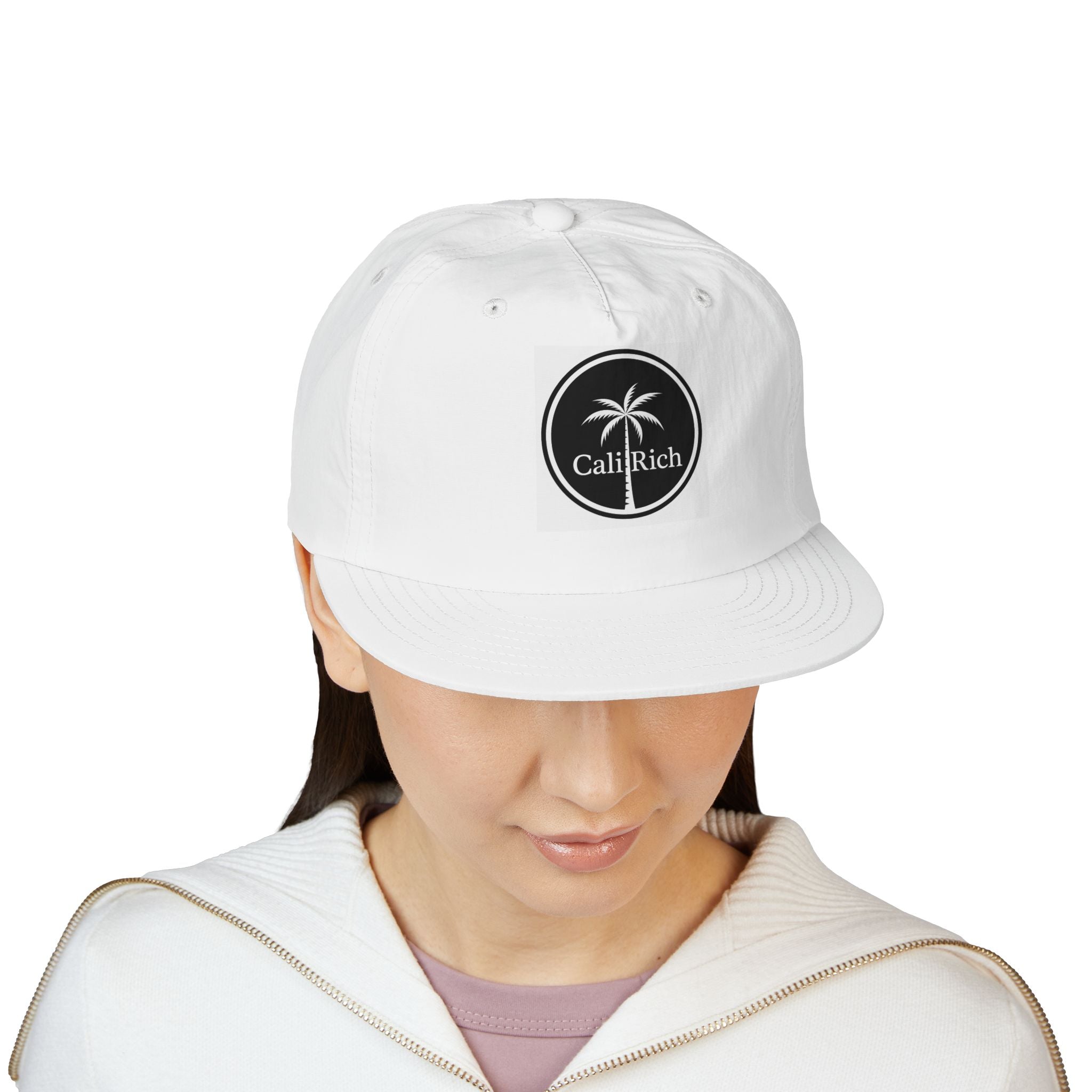 CaliRich Palm Logo Surf Cap — White Snapback Beach Hat