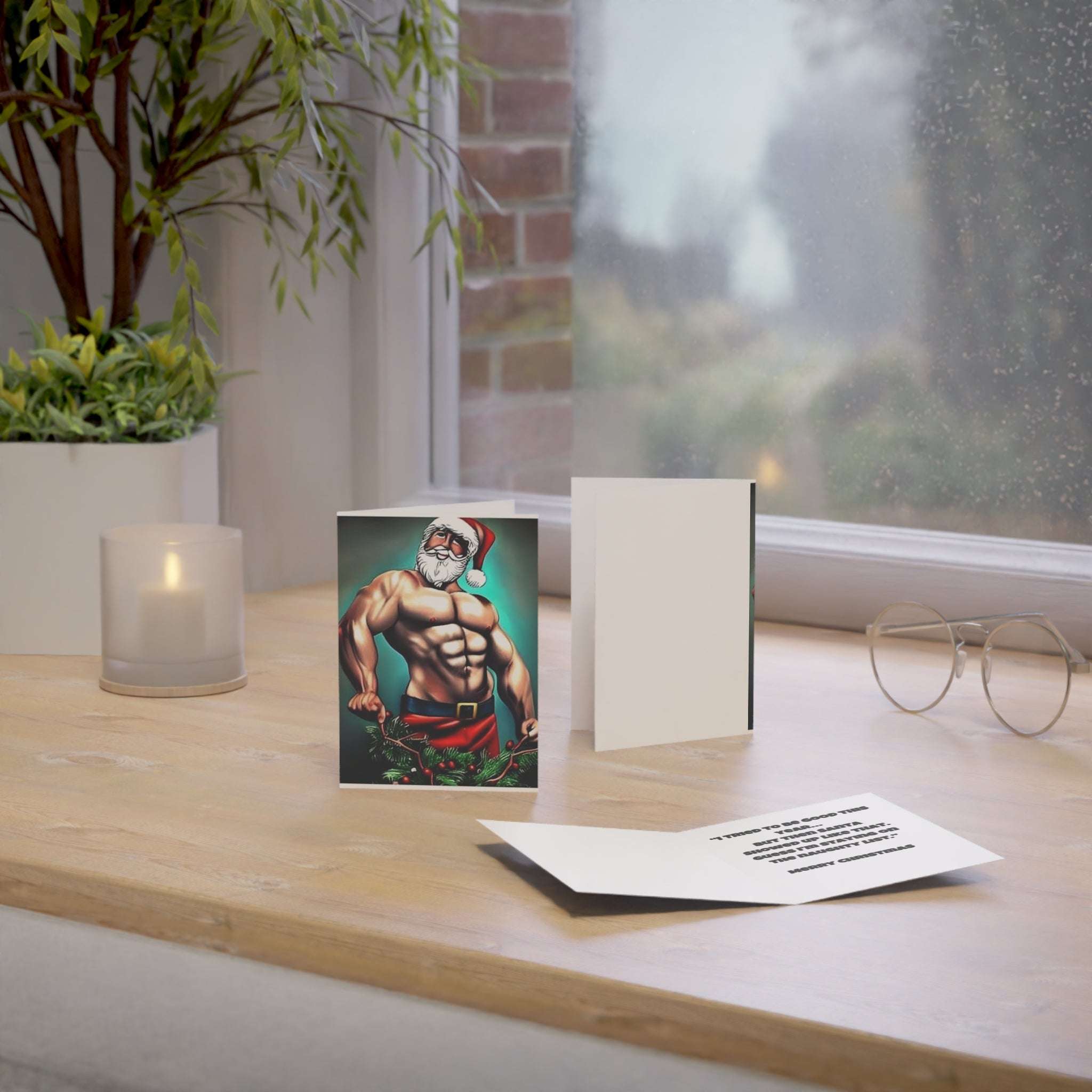 Muscular Santa Christmas Greeting Card — Funny Sexy Holiday Card (1/10/30/50 pcs)