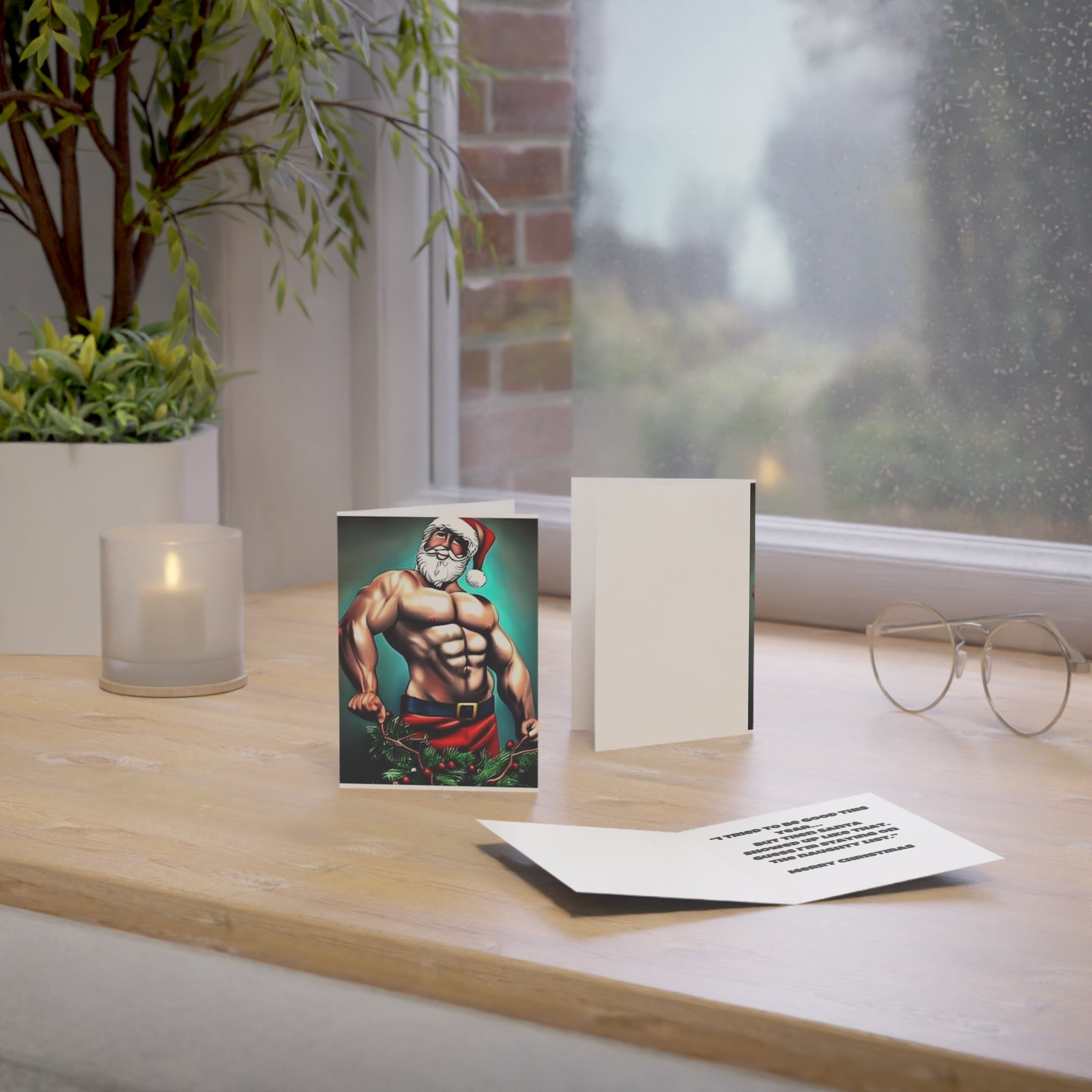 Muscular Santa Christmas Greeting Card — Funny Sexy Holiday Card (1/10/30/50 pcs)