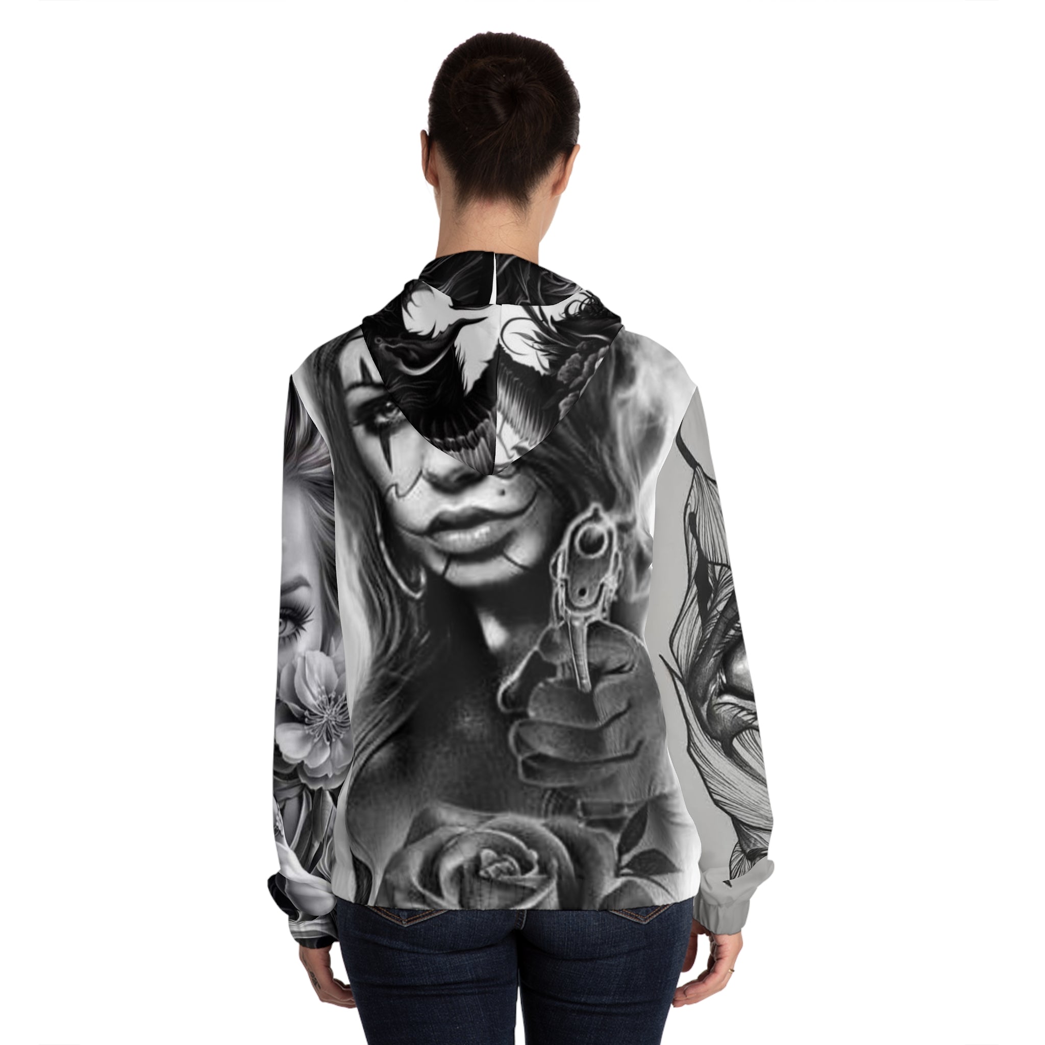 Graphic Zip Hoodie — Chicano Chola Art Tattoo-Inspired Women’s Full-Zip Hoodie
