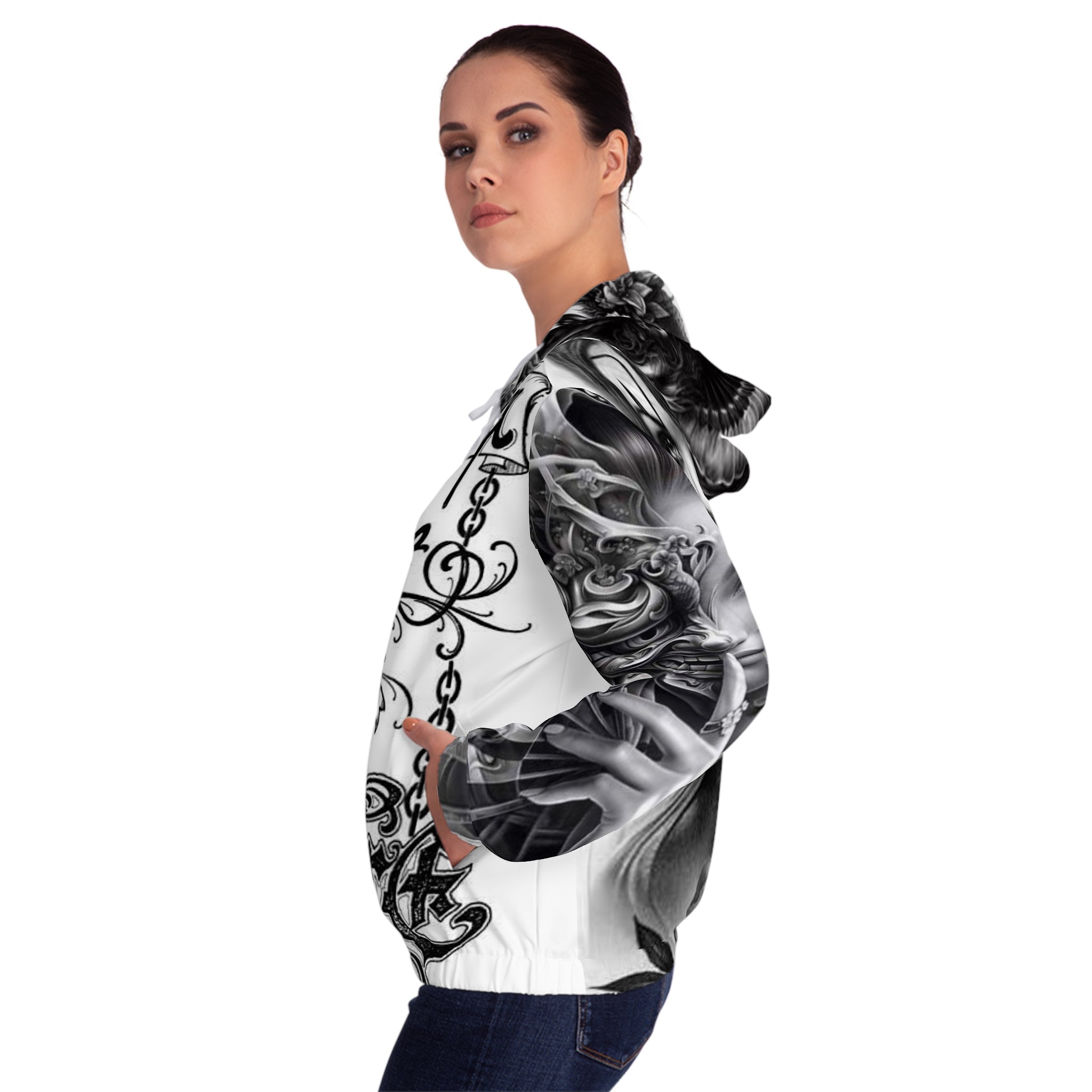 Graphic Zip Hoodie — Chicano Chola Art Tattoo-Inspired Women’s Full-Zip Hoodie