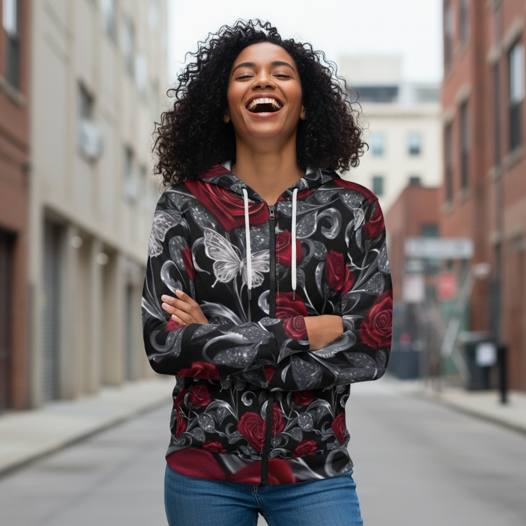 Rose & Butterfly Zip Hoodie — Gothic Floral All-Over Print