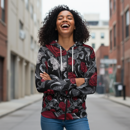 Rose & Butterfly Zip Hoodie — Gothic Floral All-Over Print